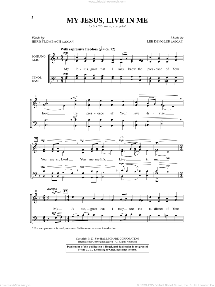 My Jesus, Live In Me sheet music for choir (SATB: soprano, alto, tenor, bass) by Lee Dengler and Herb Frombach, intermediate skill level