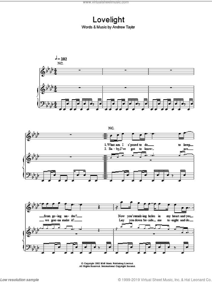 Lovelight sheet music for voice, piano or guitar by Robbie Williams, Lewis Taylor and Andrew Taylor, intermediate skill level