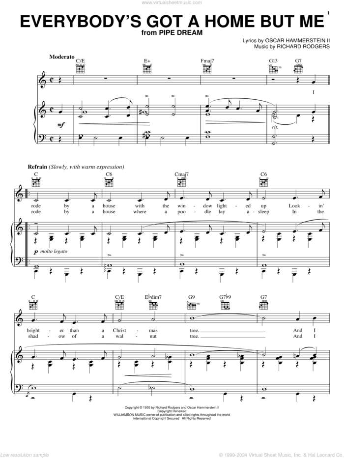 Everybody's Got A Home But Me sheet music for voice, piano or guitar by Rodgers & Hammerstein, Pipe Dream (Musical), Oscar II Hammerstein and Richard Rodgers, intermediate skill level