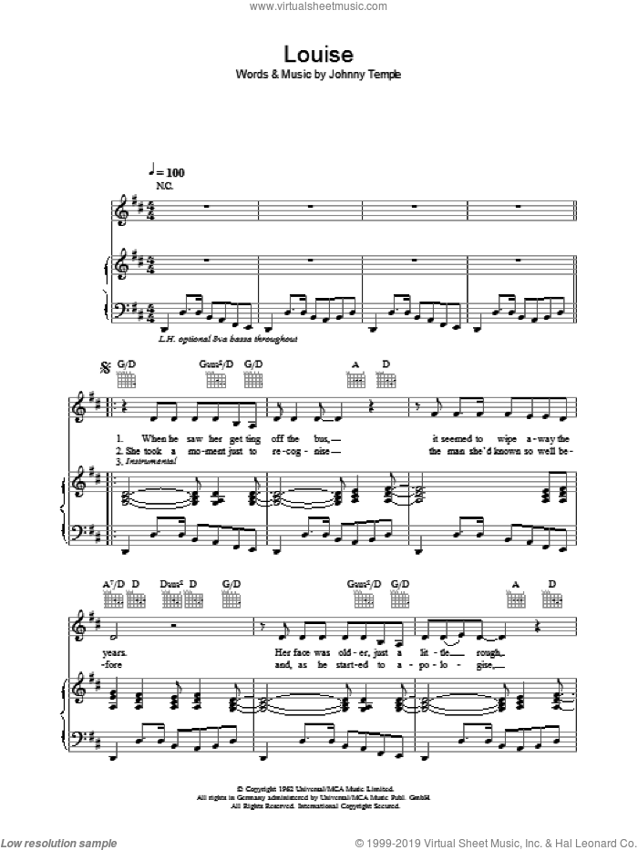 Louise sheet music for voice, piano or guitar by Robbie Williams and Johnny Temple, intermediate skill level