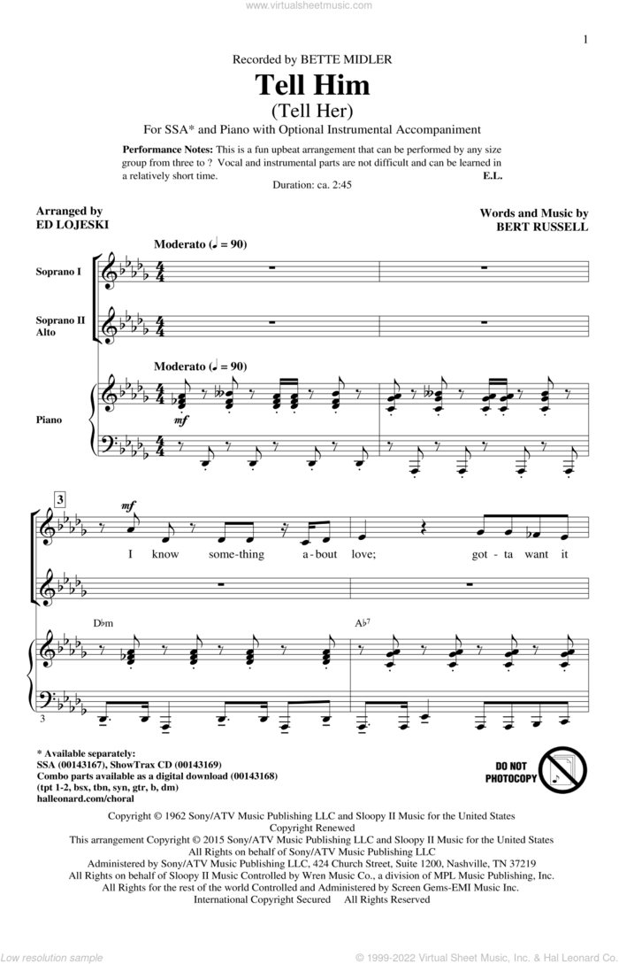 Tell Him (Tell Her) sheet music for choir (SSA: soprano, alto) by Bert Russell, Ed Lojeski, Bette Midler and The Exciters, intermediate skill level