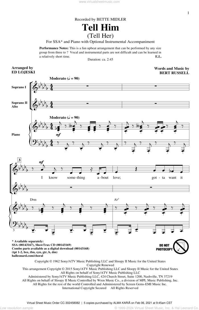 Tell Him (Tell Her) sheet music for choir (SSA: soprano, alto) by Bert Russell, Ed Lojeski, Bette Midler and The Exciters, intermediate skill level