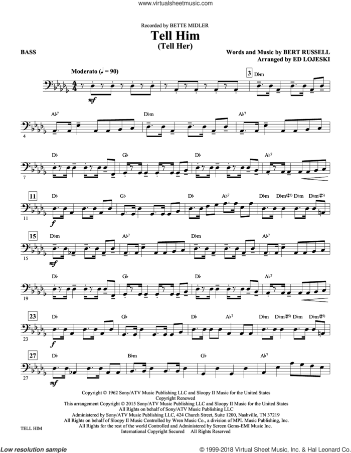 Tell Him (Tell Her) sheet music for orchestra/band (bass) by Ed Lojeski, Bert Russell and The Exciters, intermediate skill level