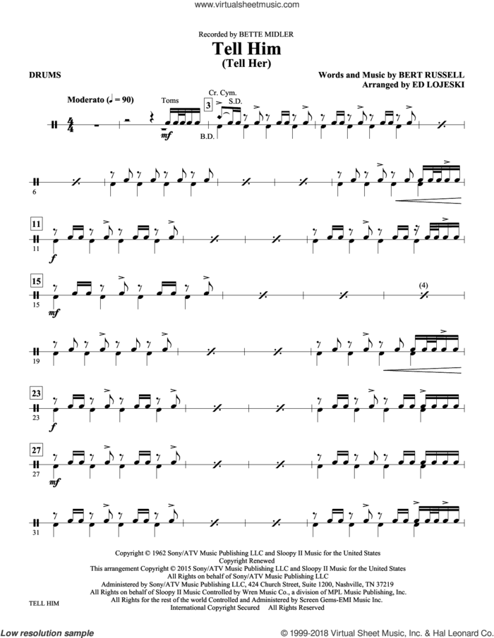 Tell Him (Tell Her) sheet music for orchestra/band (drums) by Ed Lojeski, Bert Russell and The Exciters, intermediate skill level