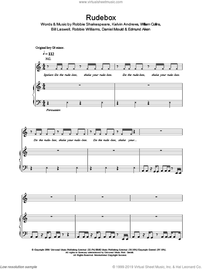 Rudebox sheet music for voice, piano or guitar by Robbie Williams, Bill Laswell, Daniel Mould, Edmund Aiken, Kelvin Andrews, Robbie Shakespeare and William Collins, intermediate skill level