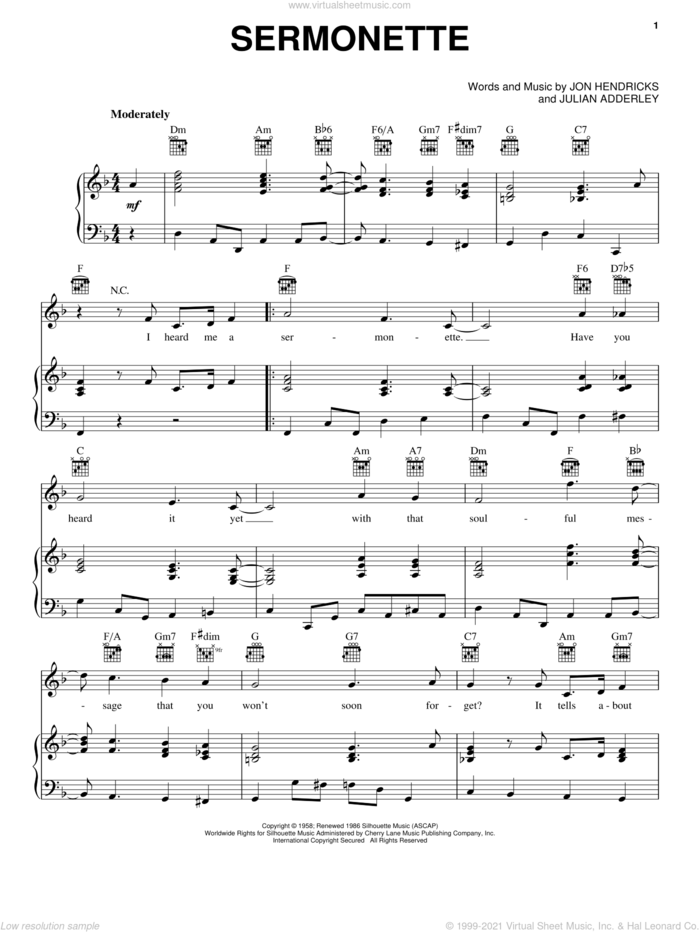Sermonette sheet music for voice, piano or guitar by Julian Adderley and Jon Hendricks, intermediate skill level