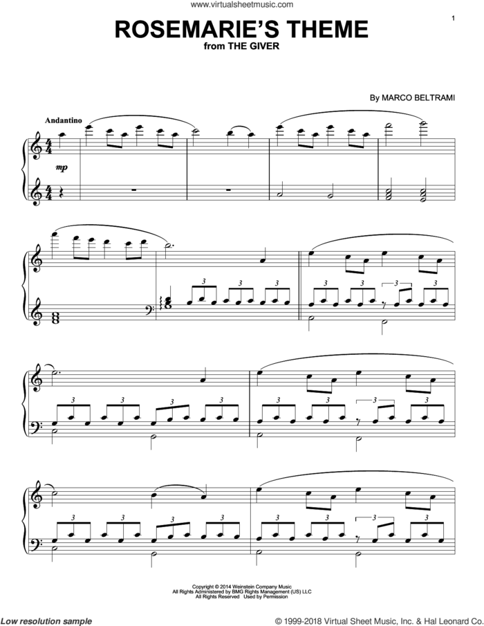 Rosemarie's Theme sheet music for piano solo by Marco Beltrami, intermediate skill level