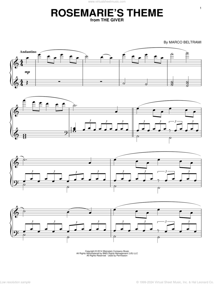 Rosemarie's Theme sheet music for piano solo by Marco Beltrami, intermediate skill level