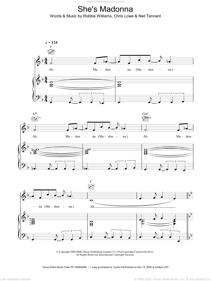 She's Madonna sheet music for voice, piano or guitar by Robbie Williams, Chris Lowe and Neil Tennant, intermediate skill level