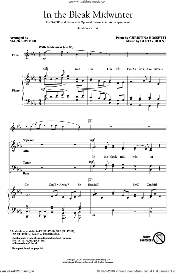 In The Bleak Midwinter sheet music for choir (SATB: soprano, alto, tenor, bass) by Mark Brymer, Christina Rosetti and Gustav Holst, intermediate skill level