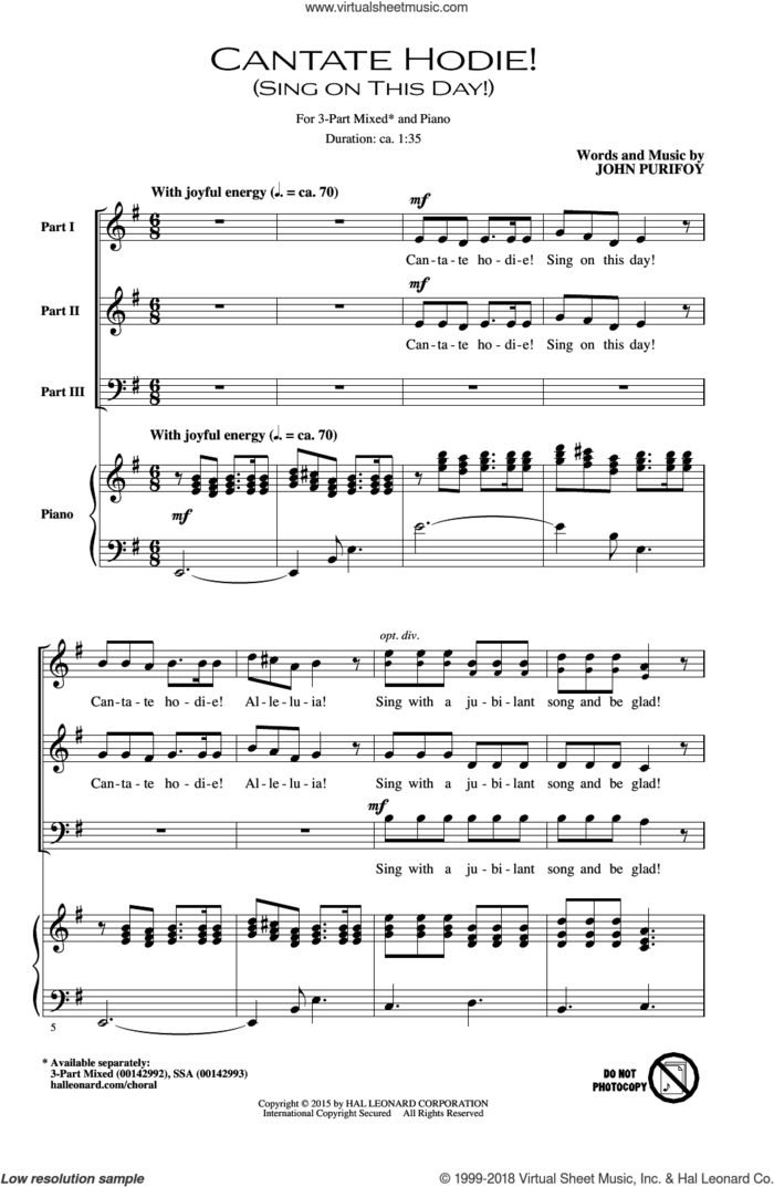 Cantate Hodie! (Sing On This Day) sheet music for choir (3-Part Mixed) by John Purifoy, intermediate skill level