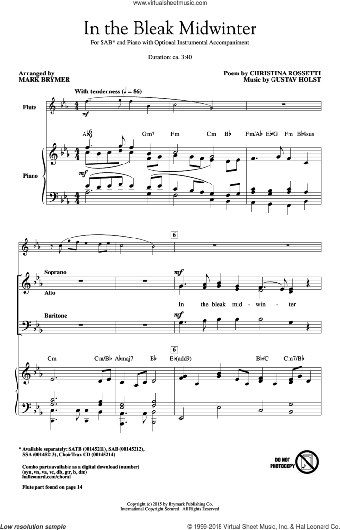 In The Bleak Midwinter sheet music for choir (SAB: soprano, alto, bass) by Mark Brymer, Christina Rosetti and Gustav Holst, intermediate skill level