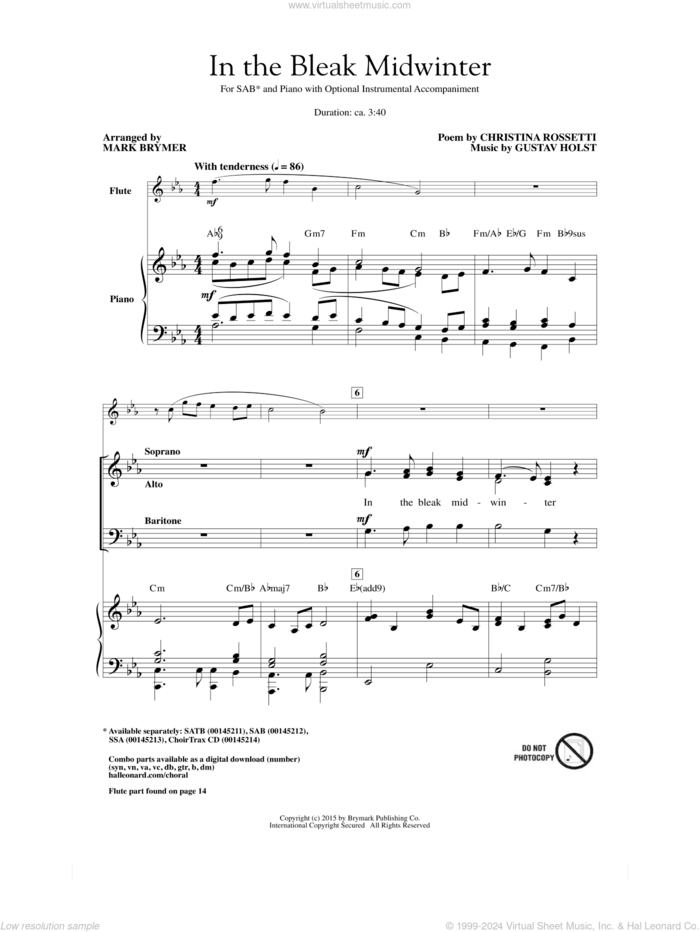 In The Bleak Midwinter sheet music for choir (SAB: soprano, alto, bass) by Mark Brymer, Christina Rosetti and Gustav Holst, intermediate skill level