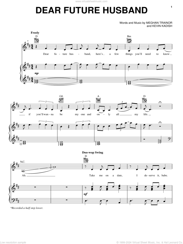 Dear Future Husband sheet music for voice, piano or guitar by Meghan Trainor and Kevin Kadish, intermediate skill level