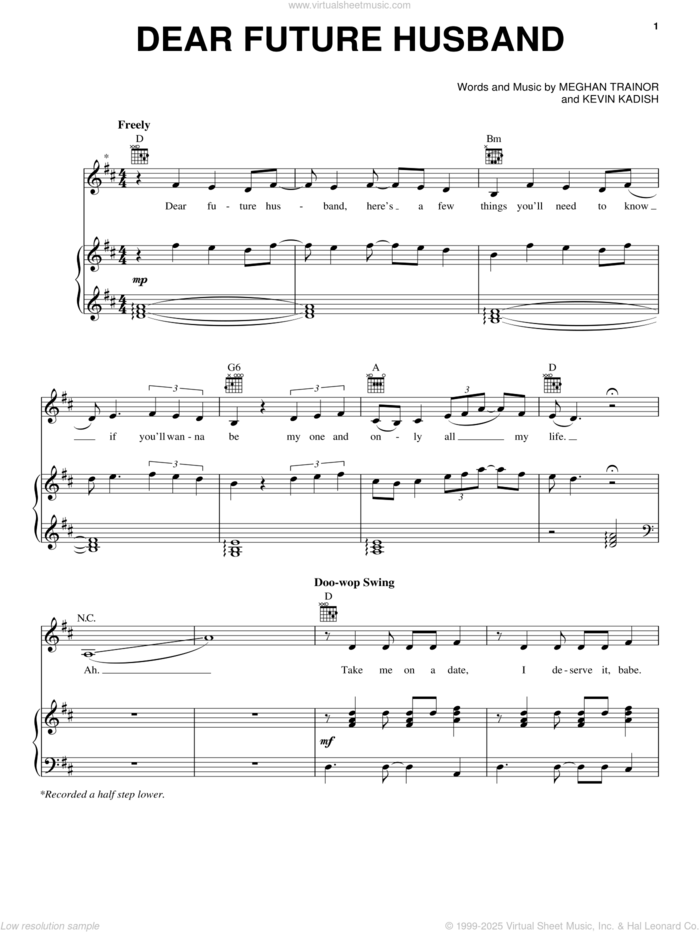 Dear Future Husband sheet music for voice, piano or guitar by Meghan Trainor and Kevin Kadish, intermediate skill level