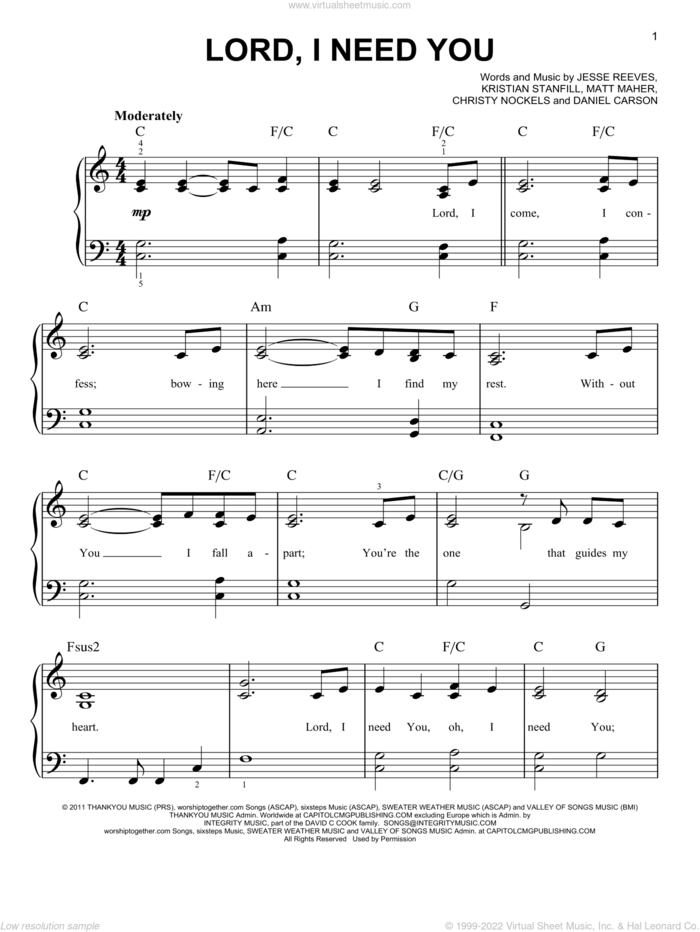 Lord, I Need You sheet music for piano solo by Passion, Christy Nockels, Daniel Carson, Jesse Reeves, Kristian Stanfill and Matt Maher, easy skill level