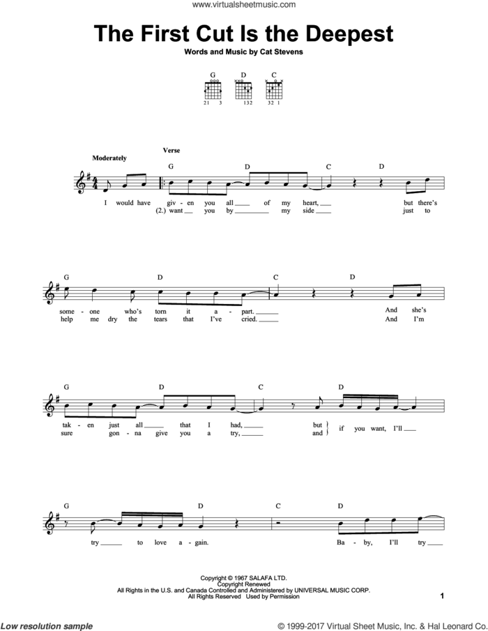 The First Cut Is The Deepest sheet music for guitar solo (chords) by Cat Stevens, Rod Stewart and Sheryl Crow, easy guitar (chords)
