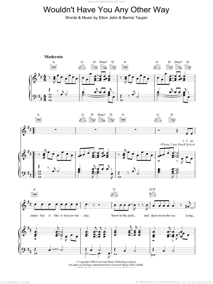 Wouldn't Have You Any Other Way (NYC) sheet music for voice, piano or guitar by Elton John and Bernie Taupin, intermediate skill level