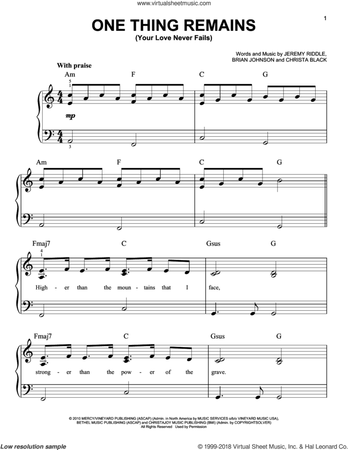 One Thing Remains (Your Love Never Fails) sheet music for piano solo by Passion, Brian Johnson, Christa Black and Jeremy Riddle, easy skill level