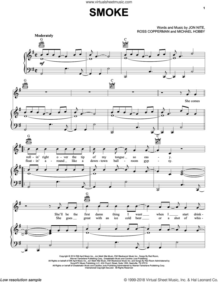 Smoke sheet music for voice, piano or guitar by A Thousand Horses, Jon Nite, Michael Hobby and Ross Copperman, intermediate skill level