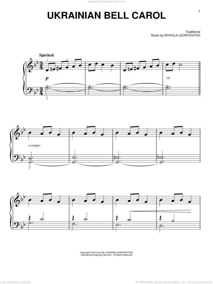 Ukrainian Bell Carol sheet music for piano solo by Mykola Leontovych, beginner skill level