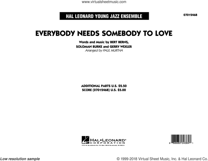 Everybody Needs Somebody to Love (COMPLETE) sheet music for jazz band by Paul Murtha, The Blues Brothers, Wilson Pickett, Bert Berns, Gerry Wexler and Soloman Burke, intermediate skill level