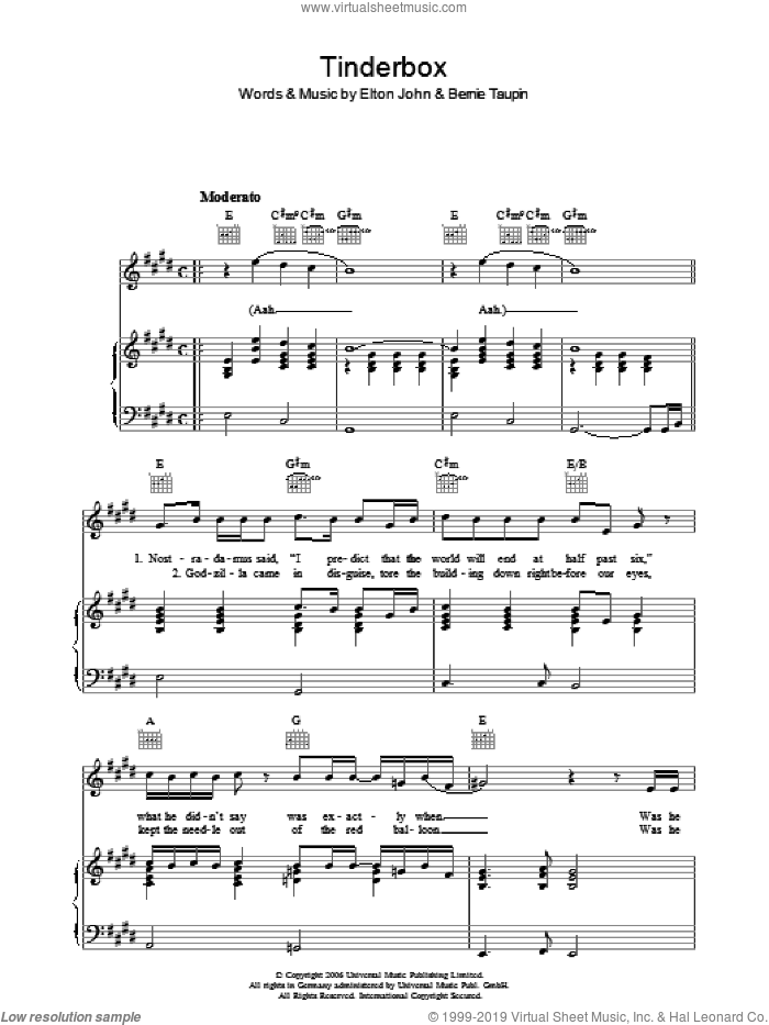 Tinderbox sheet music for voice, piano or guitar by Elton John and Bernie Taupin, intermediate skill level