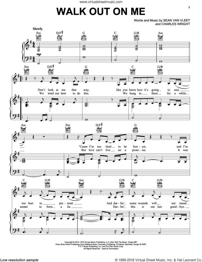 Walk Out On Me sheet music for voice, piano or guitar by Elle Dallas featuring Courtney Love, Timbaland, Charles Wright and Sean Van Vleet, intermediate skill level