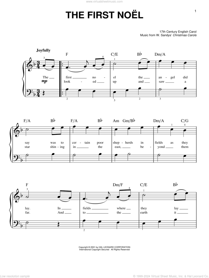 The First Noel sheet music for piano solo by W. Sandys' Christmas Carols and Miscellaneous, beginner skill level