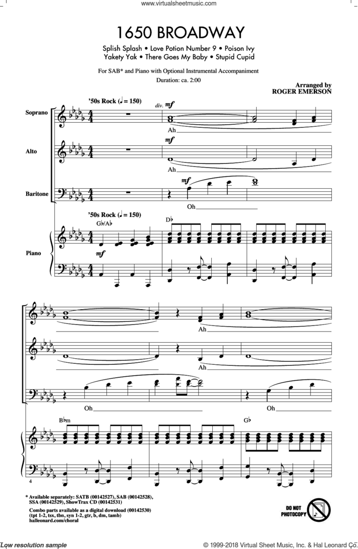 1650 Broadway (Medley) sheet music for choir (SAB: soprano, alto, bass) by Mike Stoller, Roger Emerson, The Searchers and Jerry Leiber, intermediate skill level