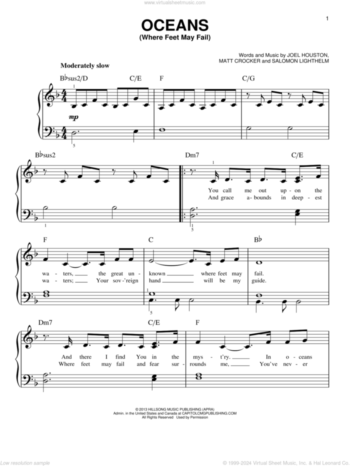 Oceans (Where Feet May Fail), (easy) sheet music for piano solo by Hillsong United, Joel Houston, Matt Crocker and Salomon Lighthelm, easy skill level