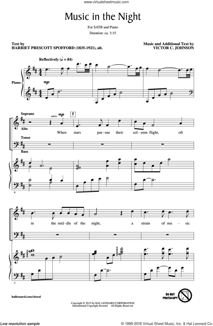Music In The Night sheet music for choir (SATB: soprano, alto, tenor, bass) by Victor Johnson and Harriet Prescott Spofford, intermediate skill level