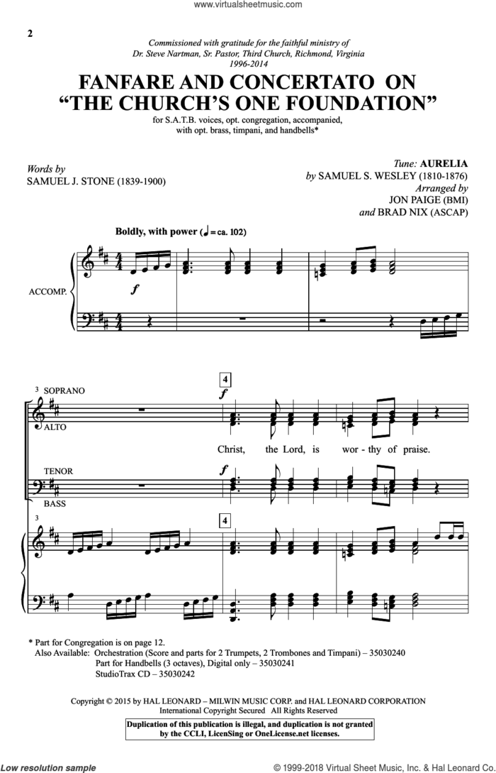 Fanfare and Concertato on 'The Church's One Foundation' sheet music for choir by Brad Nix, Jon Paige, Samuel J. Stone and Samuel S. Wesley, intermediate skill level