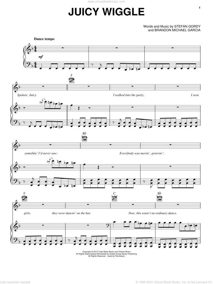 Juicy Wiggle sheet music for voice, piano or guitar by Redfoo, Brandon Michael Garcia and Stefan Gordy, intermediate skill level