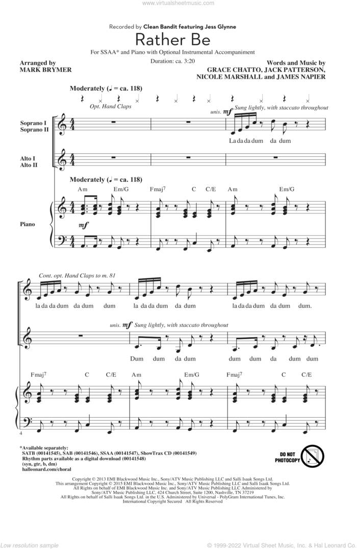 Rather Be sheet music for choir (SSA: soprano, alto) by Mark Brymer, Clean Bandit, Clean Bandit feat. Jess Glynne, Pentatonix, Grace Chatto, Jack Patterson, James Napier and Nicole Marshall, intermediate skill level
