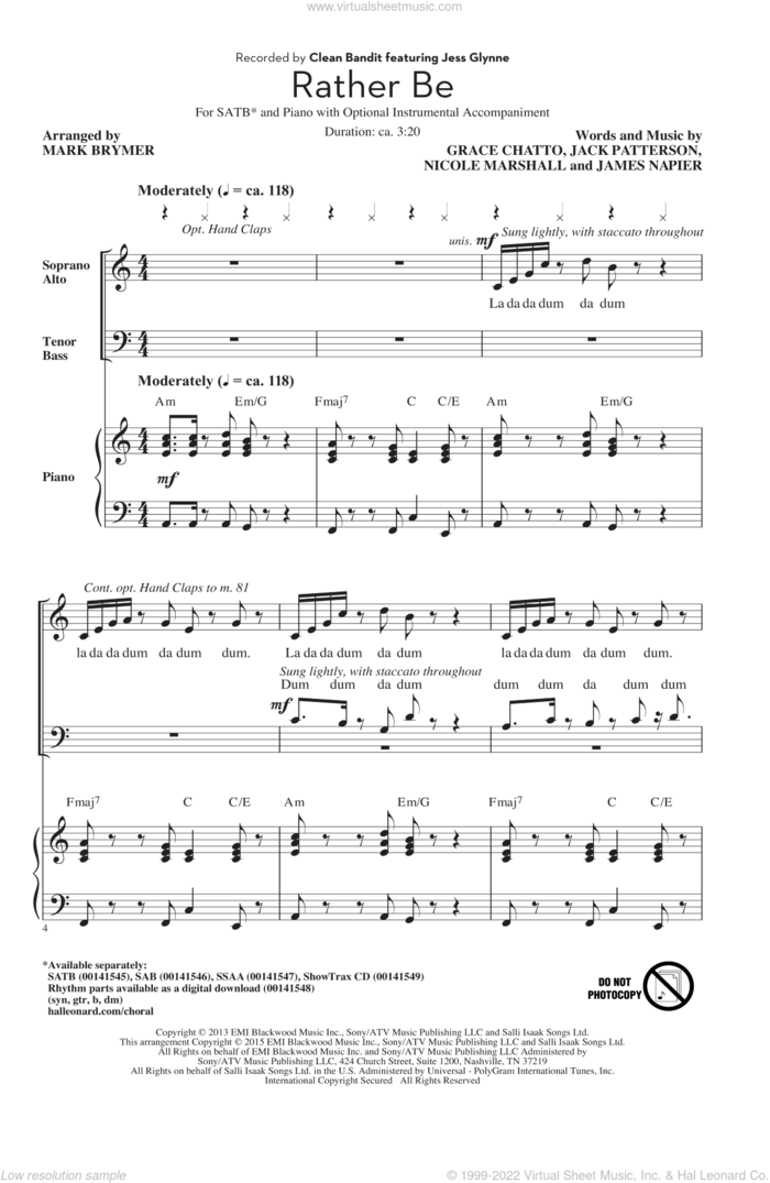 Rather Be sheet music for choir (SATB: soprano, alto, tenor, bass) by Mark Brymer, Clean Bandit, Clean Bandit feat. Jess Glynne, Pentatonix, Grace Chatto, Jack Patterson, James Napier and Nicole Marshall, intermediate skill level