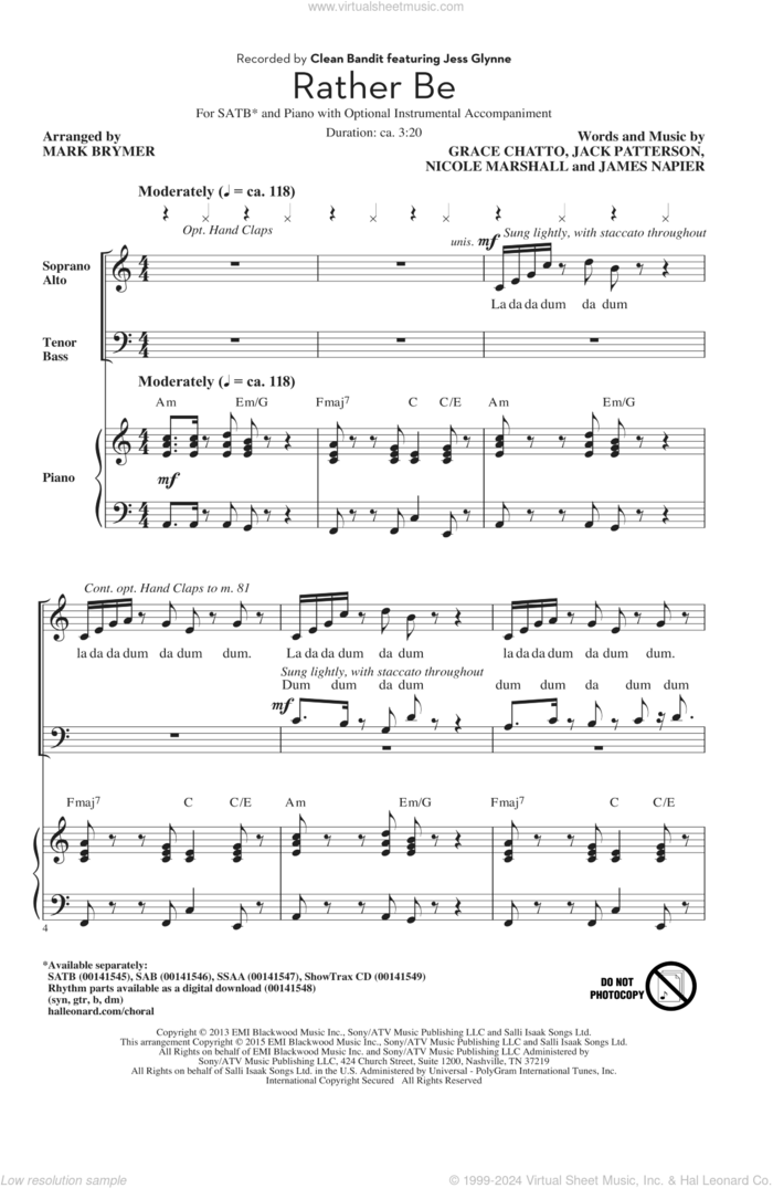 Rather Be sheet music for choir (SATB: soprano, alto, tenor, bass) by Mark Brymer, Clean Bandit, Clean Bandit feat. Jess Glynne, Pentatonix, Grace Chatto, Jack Patterson, James Napier and Nicole Marshall, intermediate skill level