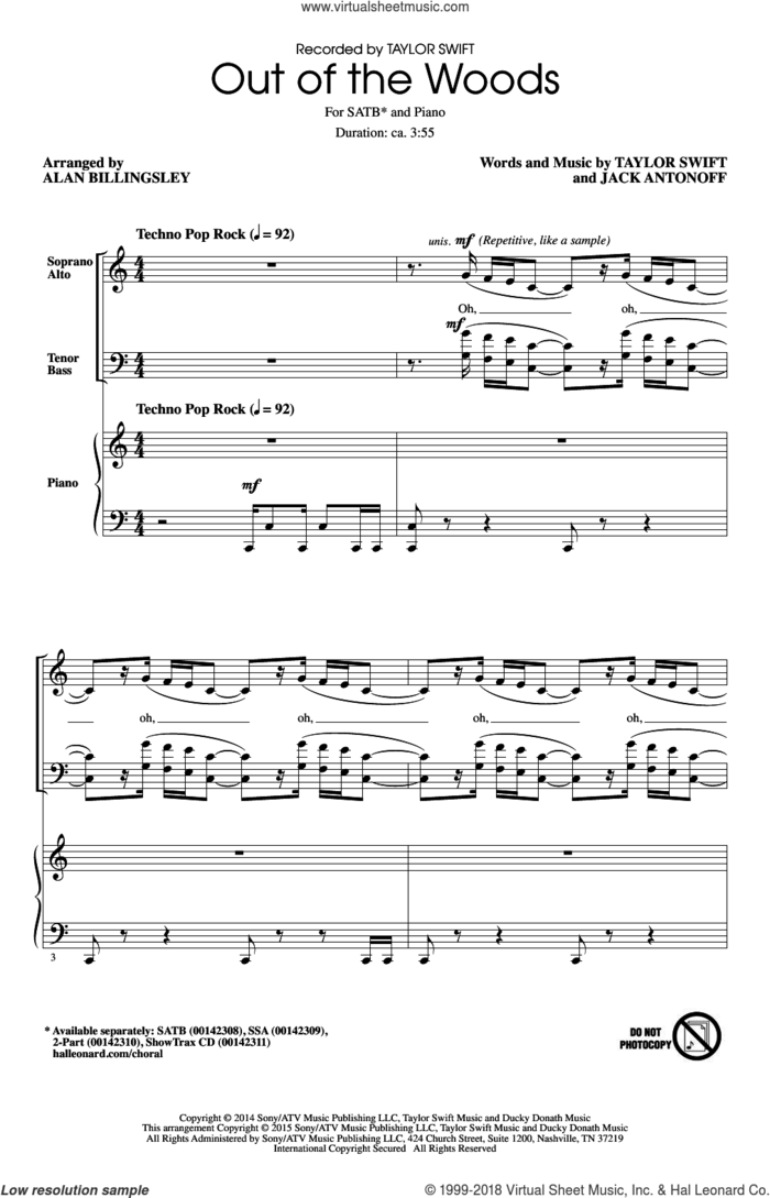 Out Of The Woods sheet music for choir (SATB: soprano, alto, tenor, bass) by Taylor Swift, Alan Billingsley and Jack Antonoff, intermediate skill level