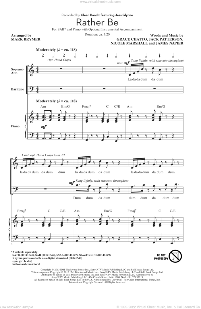 Rather Be sheet music for choir (SAB: soprano, alto, bass) by Mark Brymer, Clean Bandit, Clean Bandit feat. Jess Glynne, Pentatonix, Grace Chatto, Jack Patterson, James Napier and Nicole Marshall, intermediate skill level
