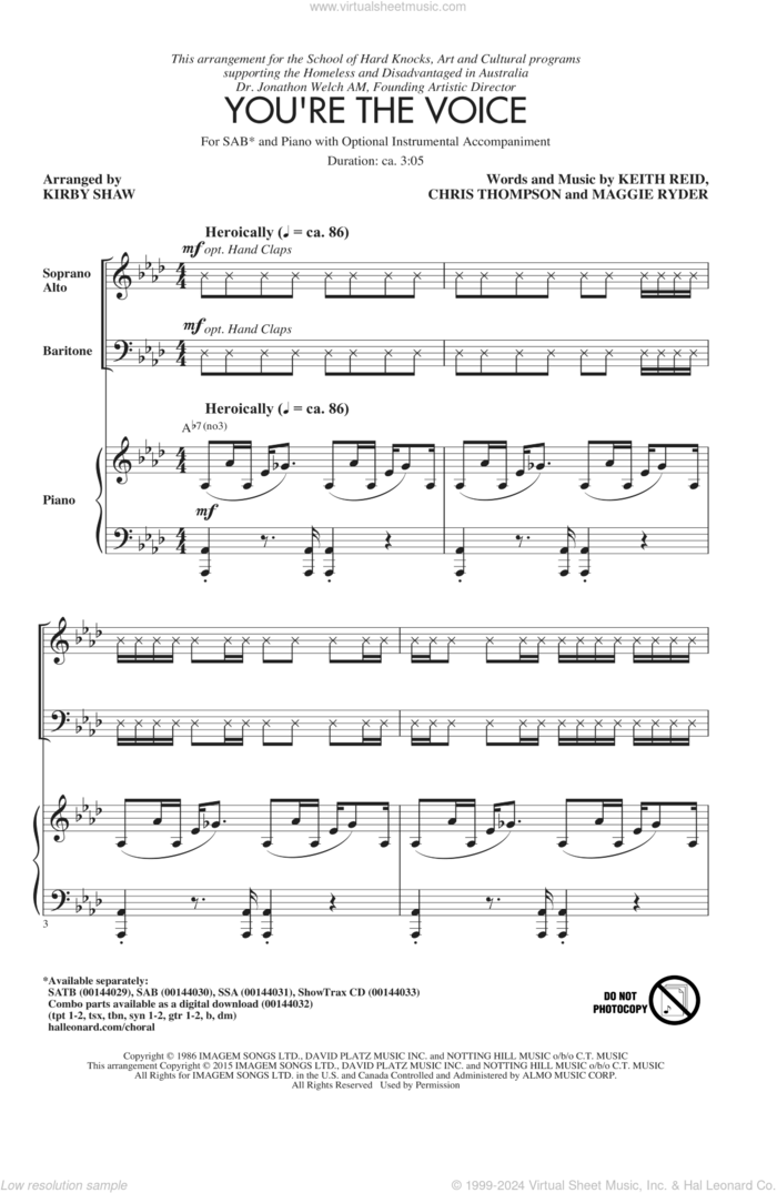 You're The Voice (arr. Kirby Shaw) sheet music for choir (SAB: soprano, alto, bass) by Kirby Shaw, John Farnham, Rebecca St. James, Andy Quanta, Chris Thompson, Keith Reid and Maggie Ryder, intermediate skill level