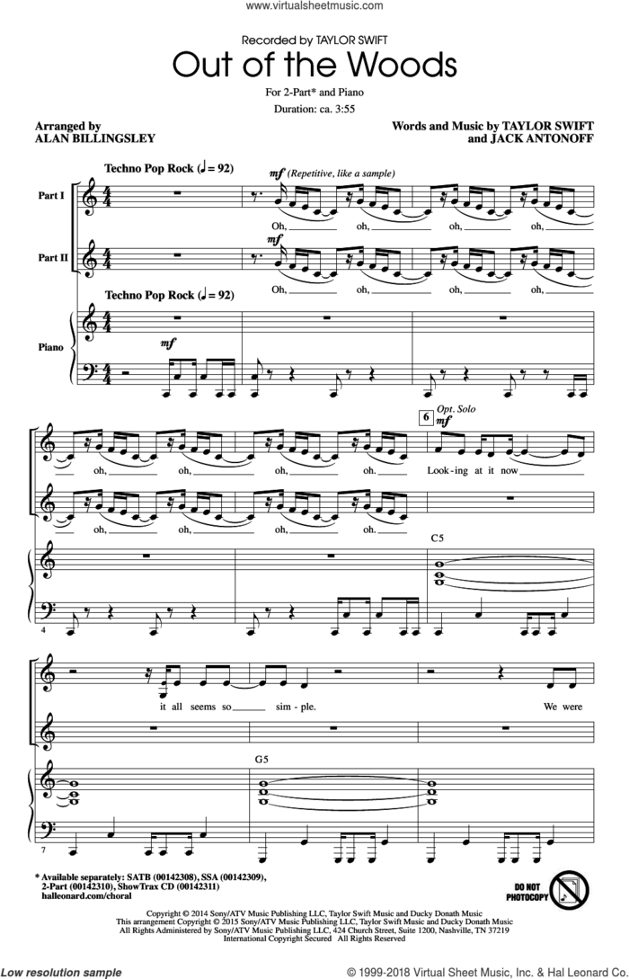 Out Of The Woods sheet music for choir (2-Part) by Taylor Swift, Alan Billingsley and Jack Antonoff, intermediate duet