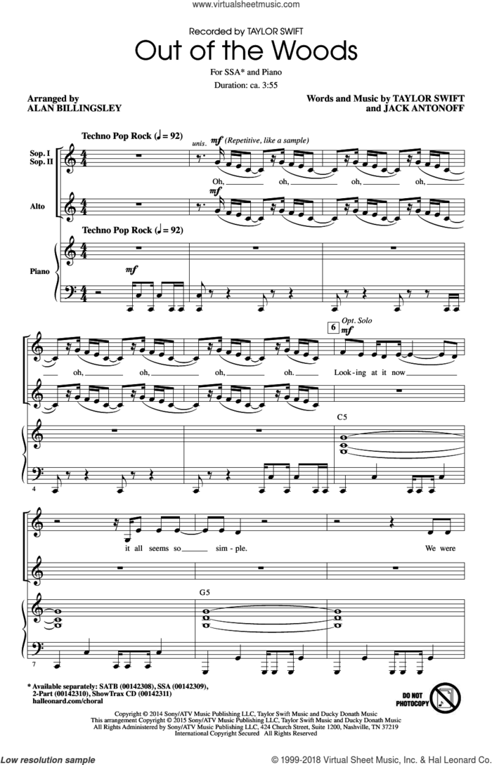 Out Of The Woods sheet music for choir (SSA: soprano, alto) by Taylor Swift, Alan Billingsley and Jack Antonoff, intermediate skill level