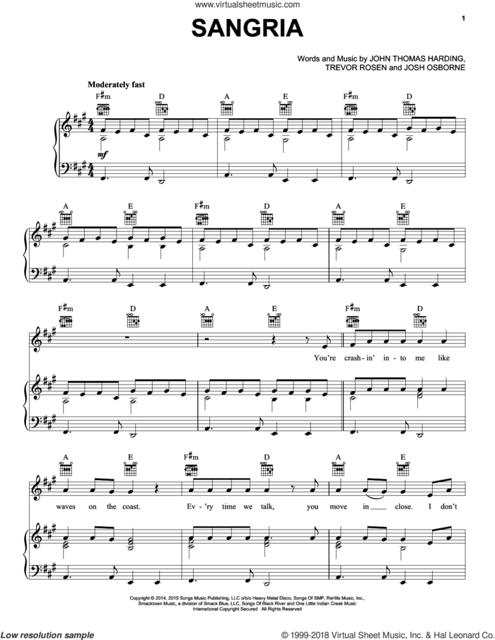 Sangria sheet music for voice, piano or guitar by Blake Shelton, John Thomas Harding, Josh Osborne and Trevor Rosen, intermediate skill level