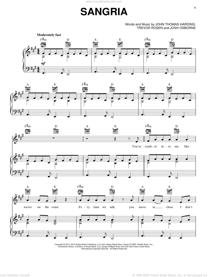 Sangria sheet music for voice, piano or guitar by Blake Shelton, John Thomas Harding, Josh Osborne and Trevor Rosen, intermediate skill level