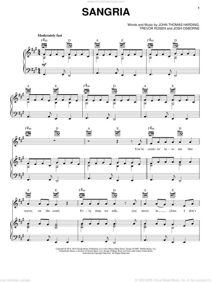 Sangria sheet music for voice, piano or guitar by Blake Shelton, John Thomas Harding, Josh Osborne and Trevor Rosen, intermediate skill level