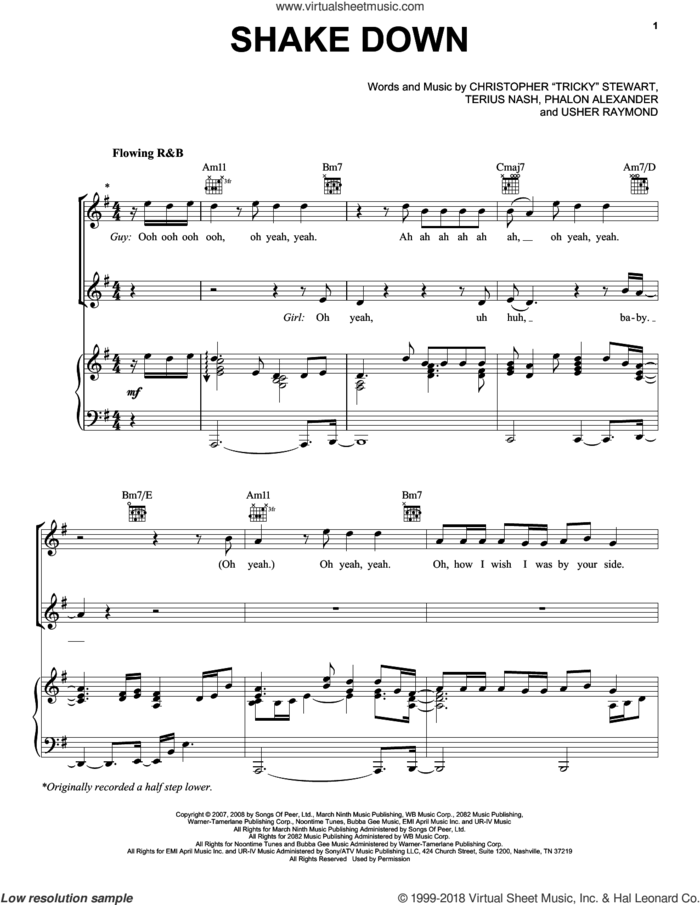 Shake Down sheet music for voice, piano or guitar by Mary J. Blige, Timbaland, Christopher 'Tricky' Stewart, Phalon Alexander, Terius Nash and Usher Raymond, intermediate skill level