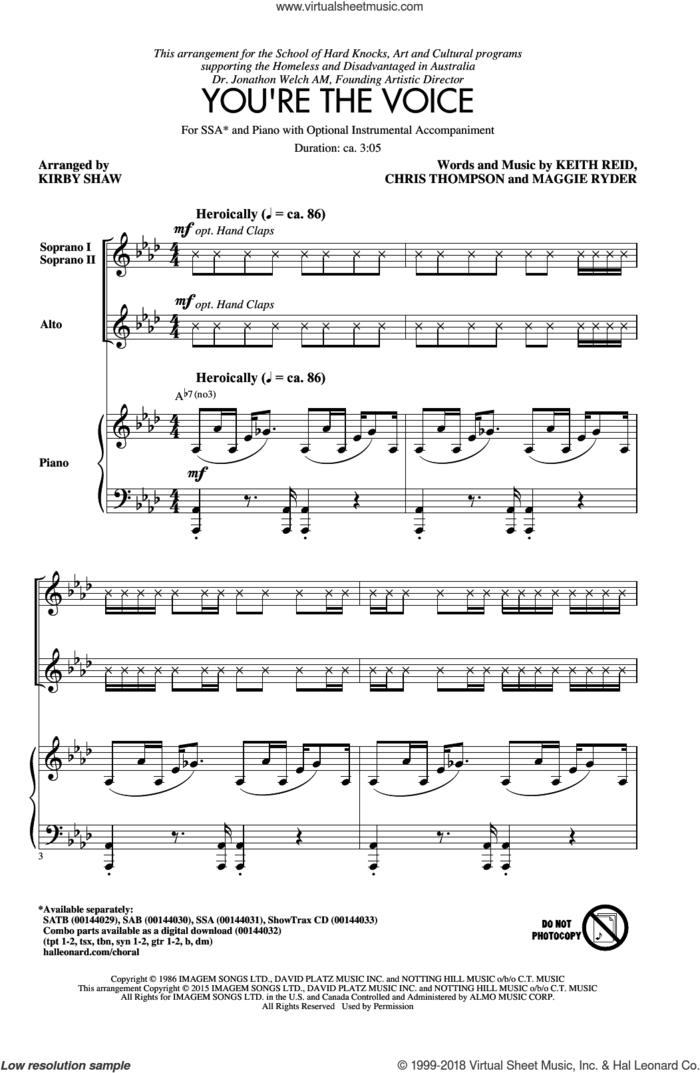 You're The Voice (arr. Kirby Shaw) sheet music for choir (SSA: soprano, alto) by Kirby Shaw, John Farnham, Rebecca St. James, Andy Quanta, Chris Thompson, Keith Reid and Maggie Ryder, intermediate skill level