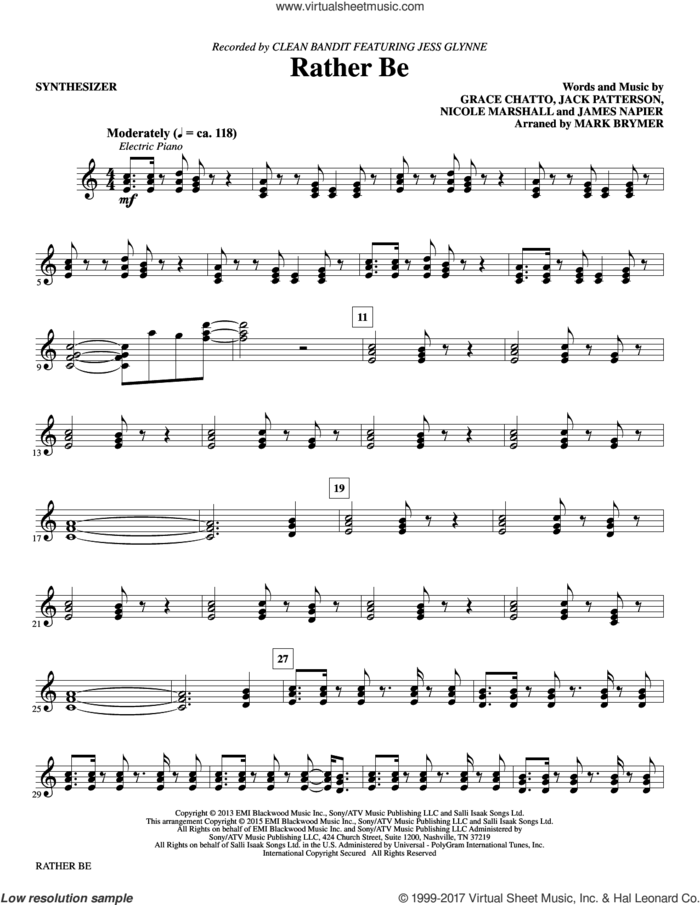 Rather Be (complete set of parts) sheet music for orchestra/band by Mark Brymer, Clean Bandit feat. Jess Glynne, Grace Chatto, Jack Patterson, James Napier and Nicole Marshall, intermediate skill level