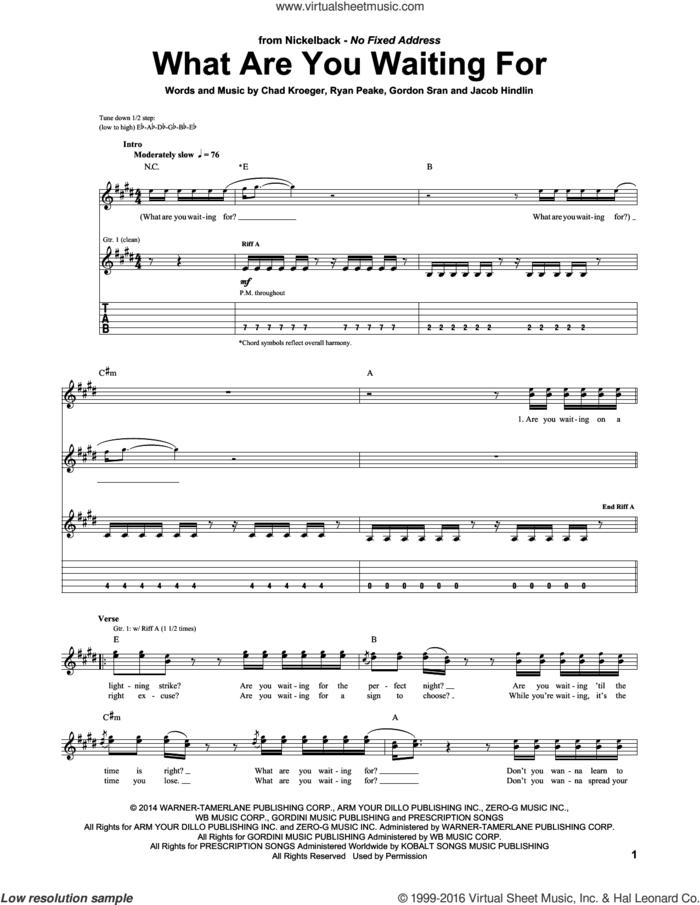 What Are You Waiting For sheet music for guitar (tablature) by Nickelback, Chad Kroeger, Gordon Sran, Jacob Hindlin and Ryan Peake, intermediate skill level