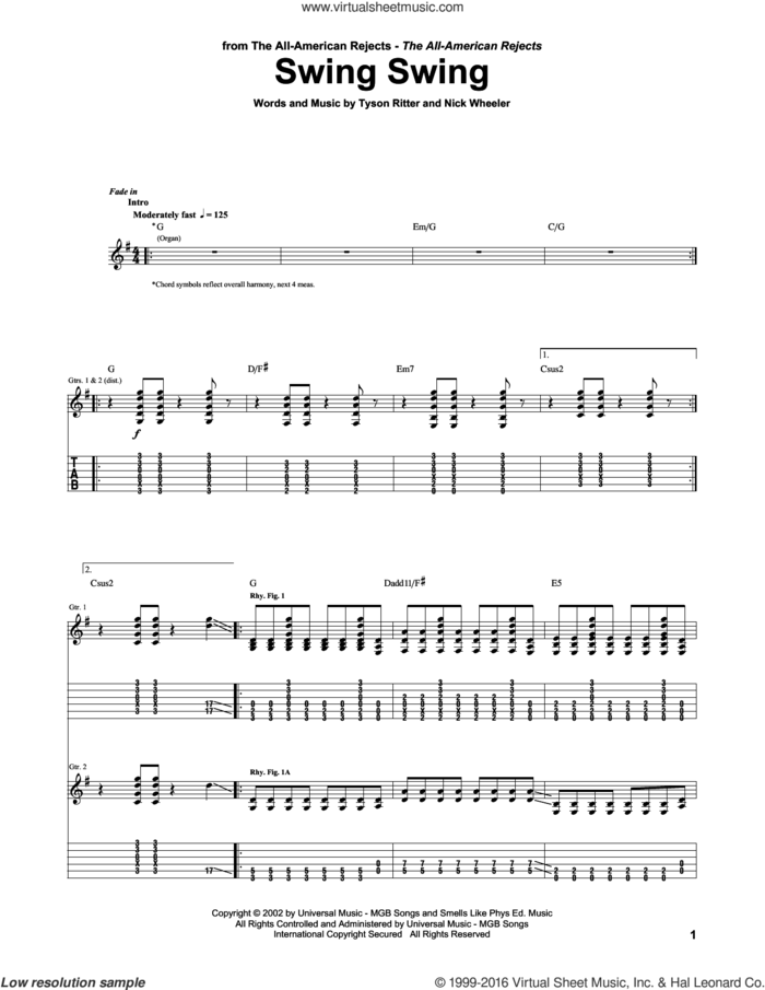 Swing Swing sheet music for guitar (tablature) by The All-American Rejects, Nick Wheeler and Tyson Ritter, intermediate skill level